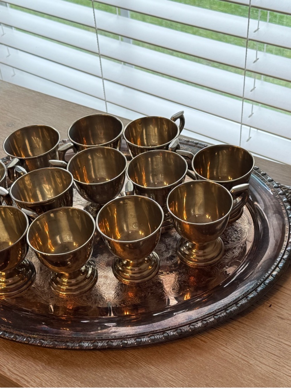 Vintage Silverplate Punch Cups Set 12 Footed Cups w/ Tray Gold Interior